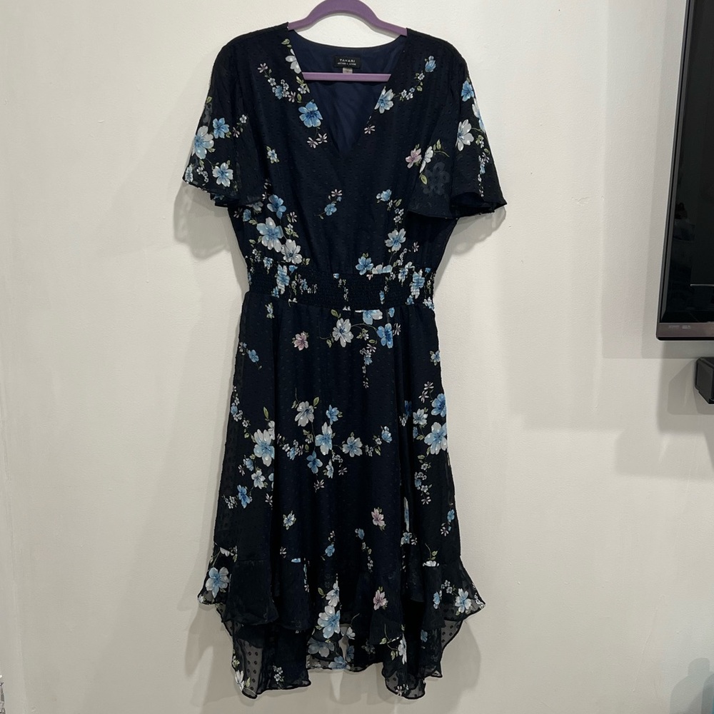 Tahari Blue Floral V-Neck Dress with Sleeves